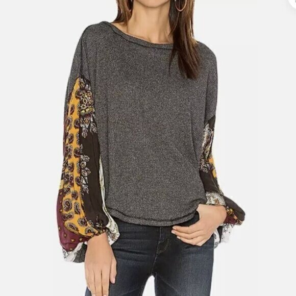 Free People We The Free Waffle Knit Patchwork Long Sleeve Top In Gray - Picture 1 of 7
